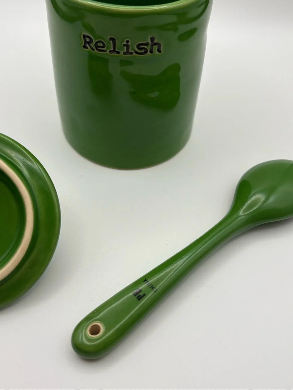 Pottery Barn Green Relish Condiment Jar with Spoon & Lid from BBQ Set